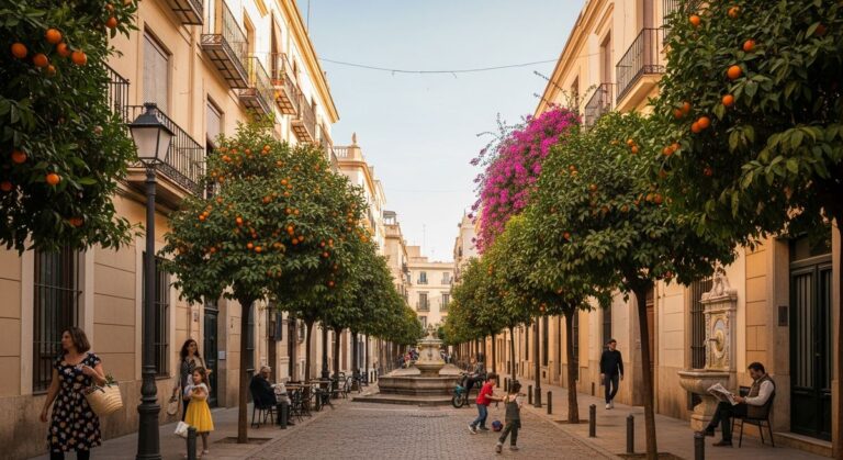 a residential street in Valencia with orange trees for those retiring in Valencia