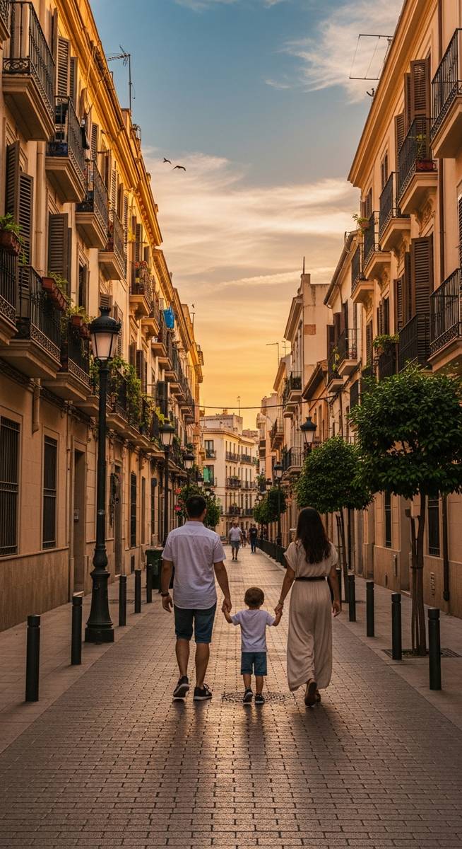 a family walking through a Valencia neighbourhood for those retiring in Valencia