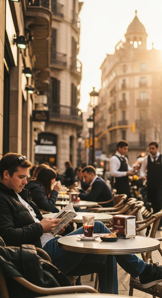 a person at an outdoor cafe in Barcelona with a guidebook