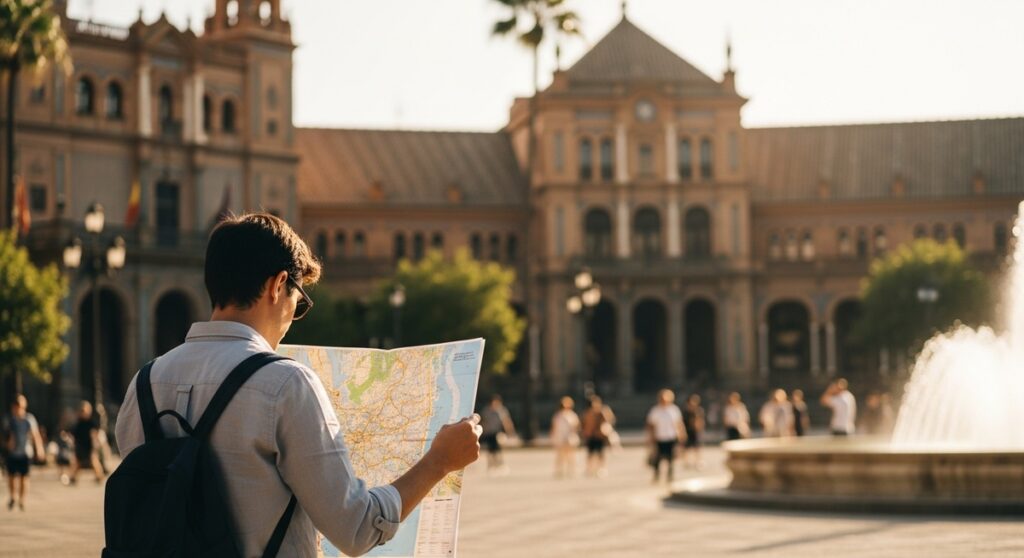 a traveller looking at a map in a sunny Spanish plaza in Barcelona