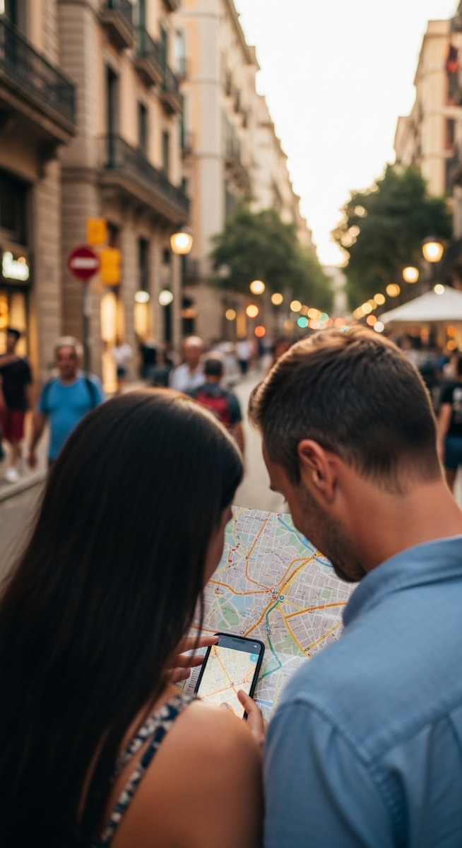 a couple looking at a map together in Barcelona