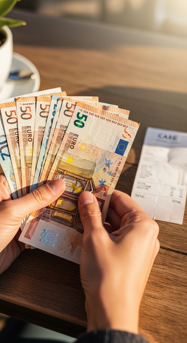 hands holding euro notes next to a cafe receipt in Barcelona