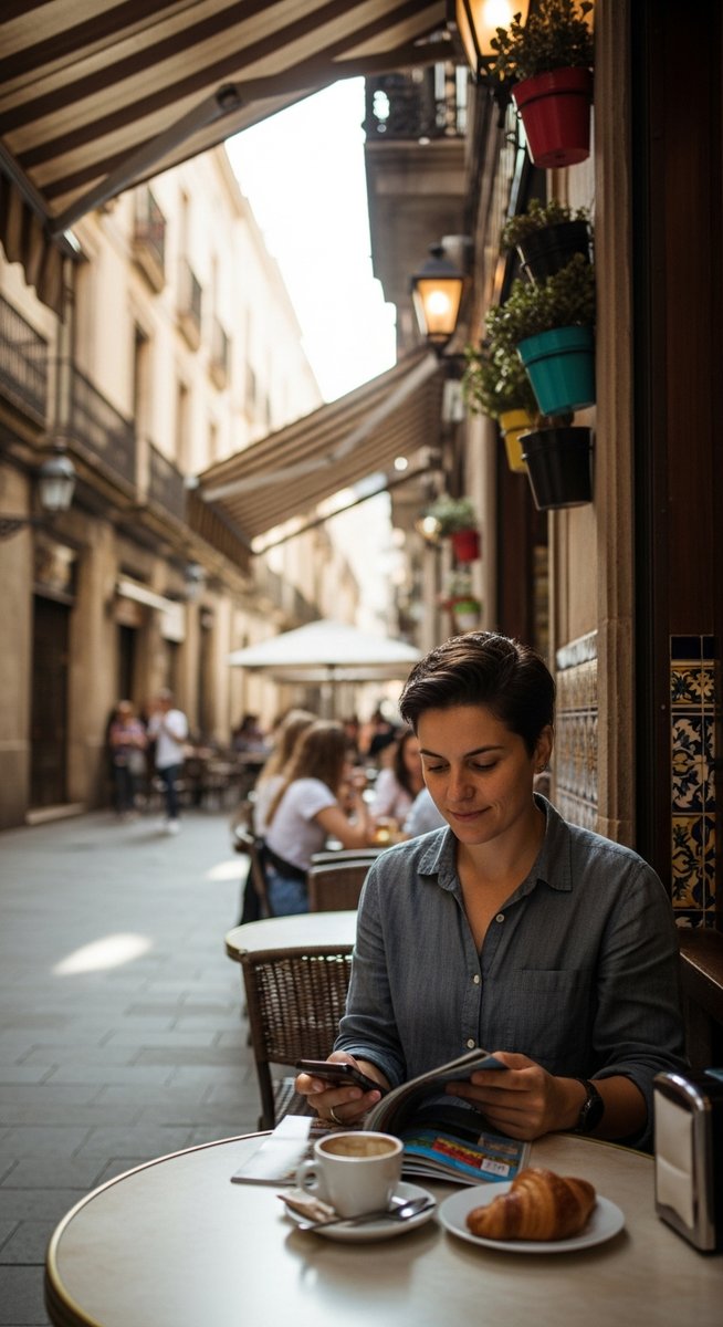 a person at an outdoor cafe in Barcelona with a guidebook