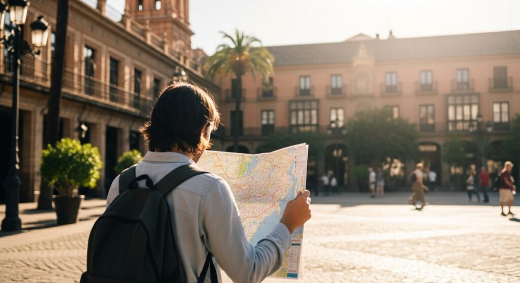 a traveller looking at a map in a sunny Spanish plaza after dark