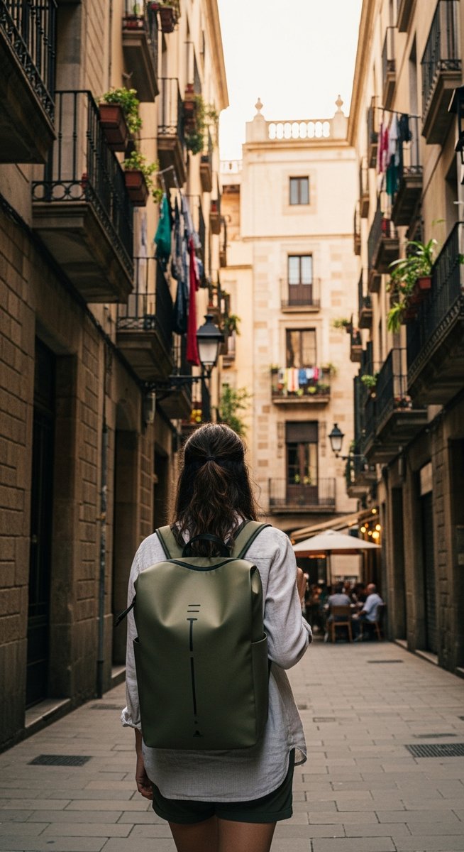 a woman exploring a Barcelona neighbourhood solo after dark