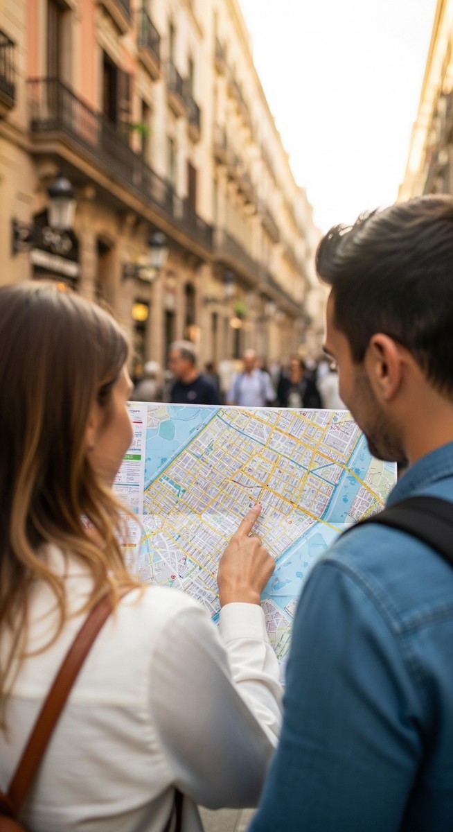 a couple looking at a map together in Barcelona