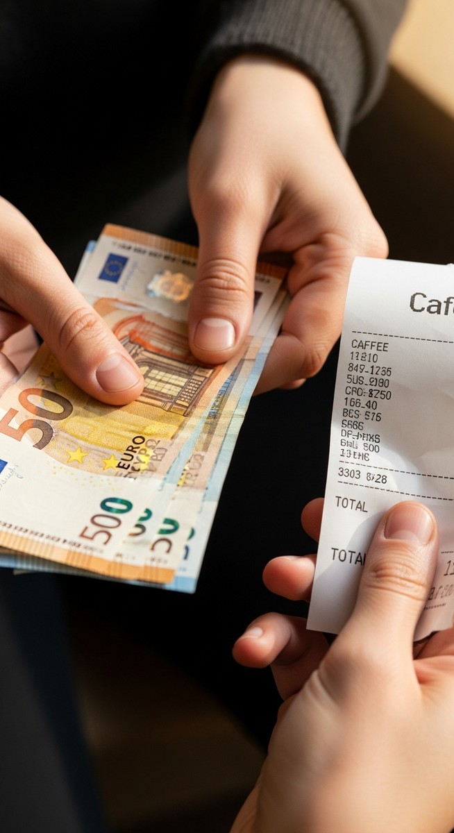 hands holding euro notes next to a cafe receipt after dark