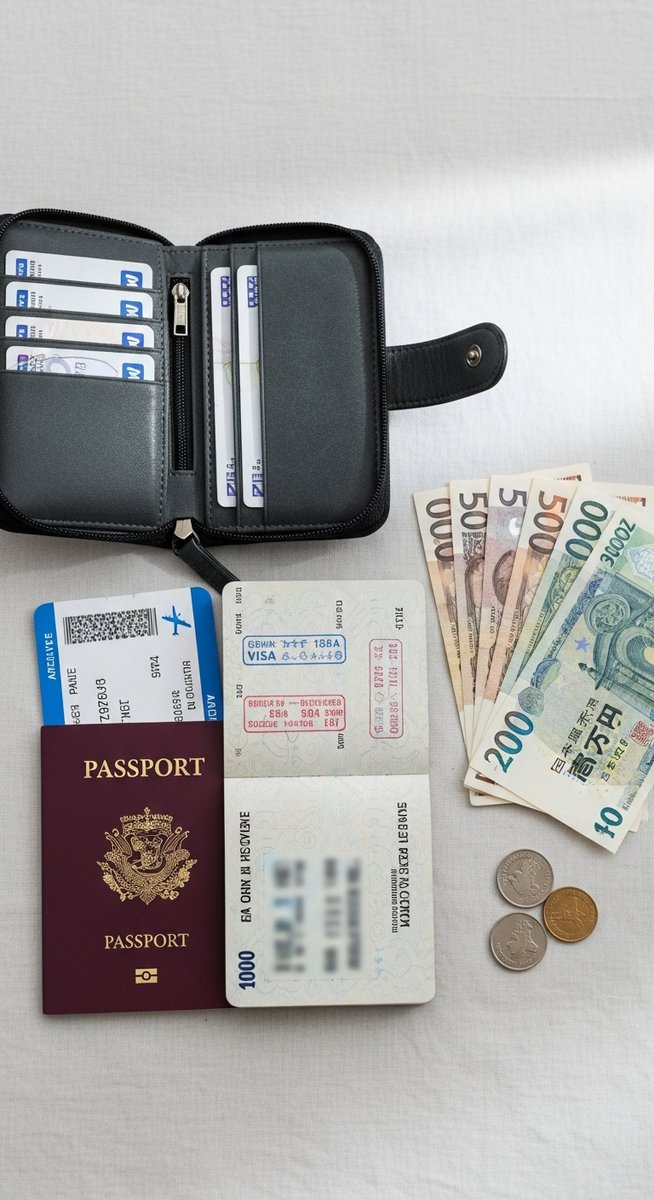 a travel wallet, passport and boarding pass flatlay