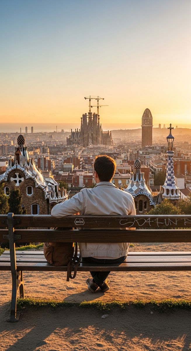 a traveller sitting on a bench in Barcelona after dark