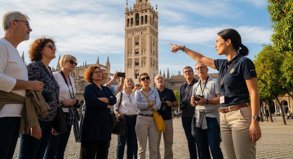 a guided tour group in Spain near the Sagrada Familia