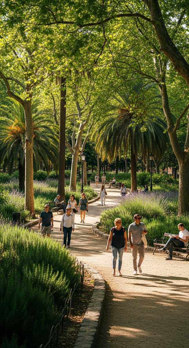 a Barcelona park with lush trees and people walking