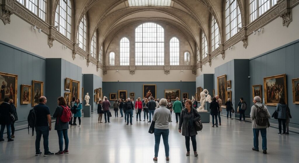 a grand museum interior in Barcelona with visitors