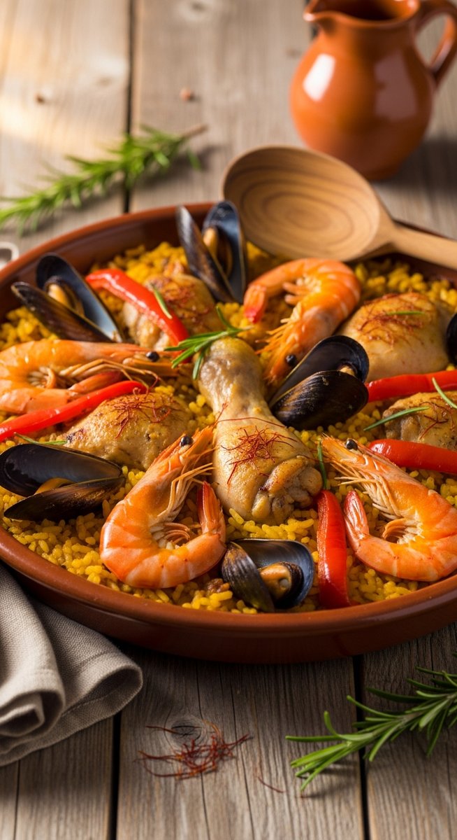 a bowl of paella valenciana in a terracotta dish
