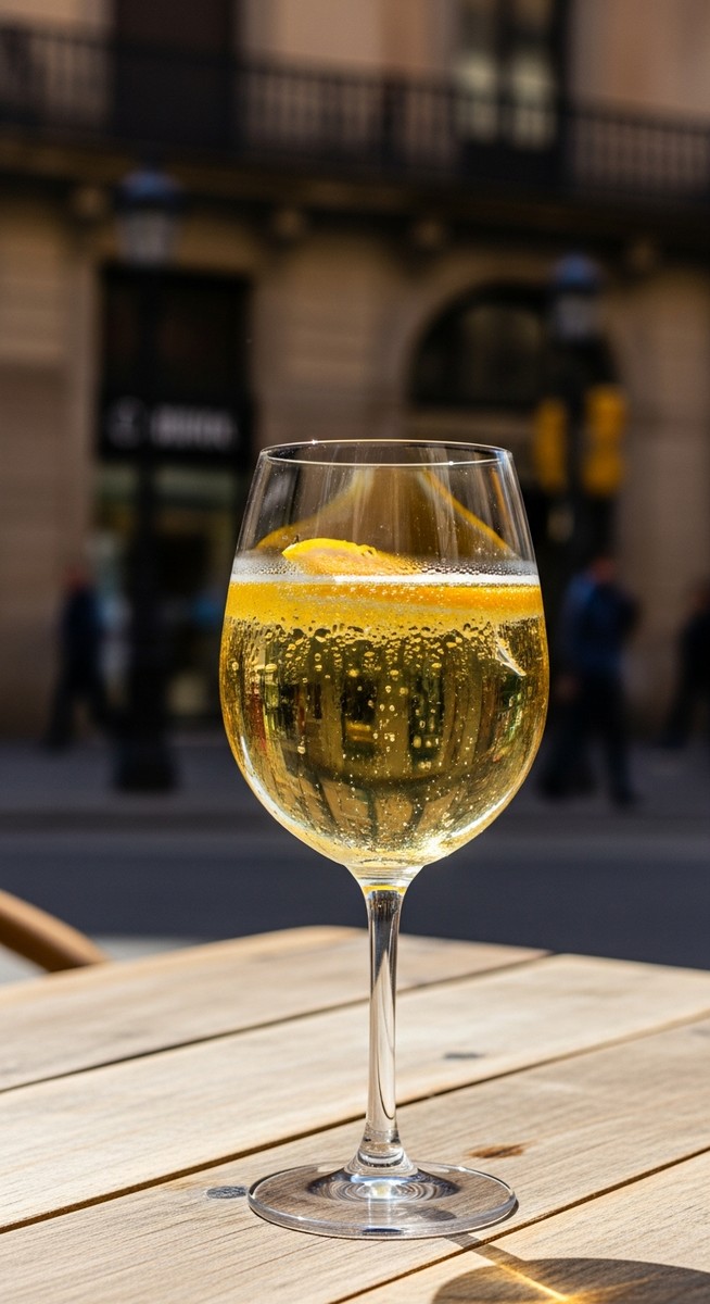 a glass of Spanish wine on a cafe table in Barcelona