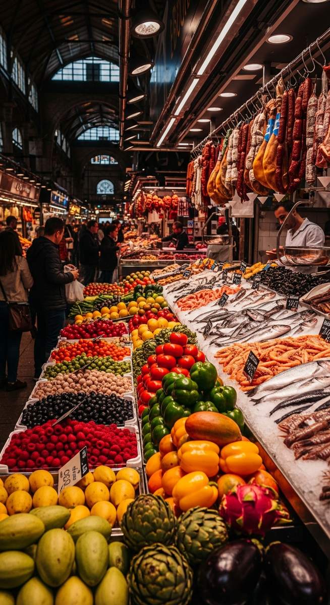 a Barcelona food market with colourful stalls