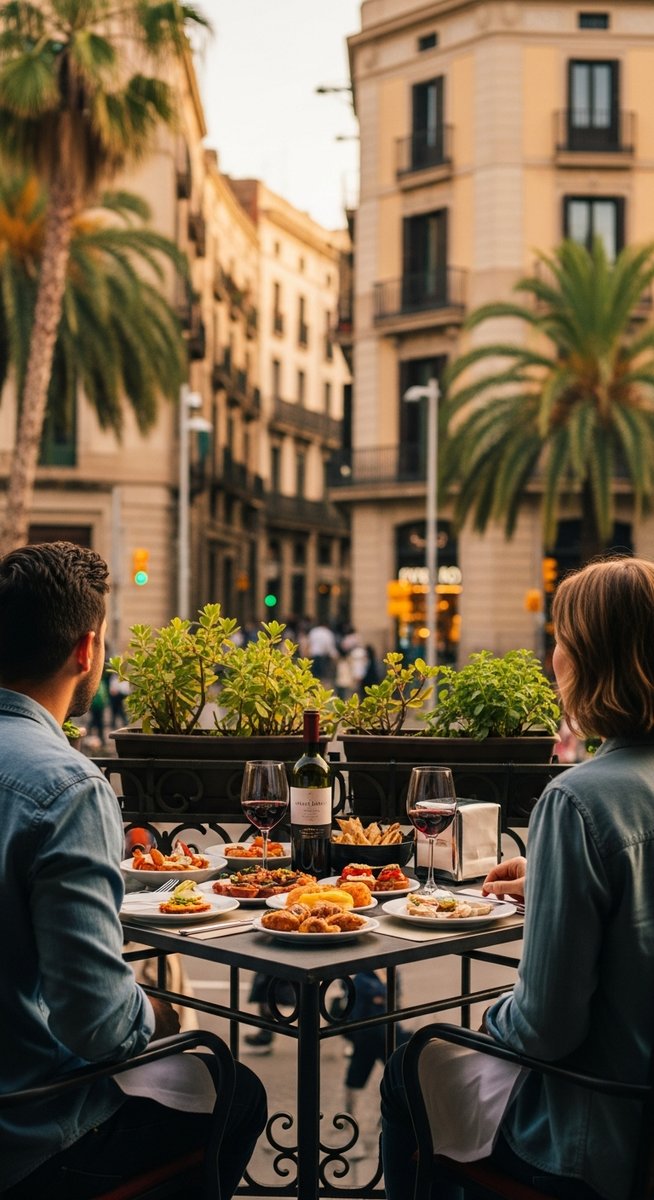 two friends at a restaurant terrace in Barcelona with food and wine