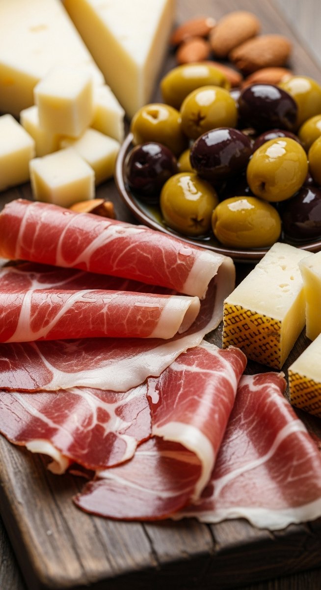 Spanish charcuterie on a wooden board in Barcelona