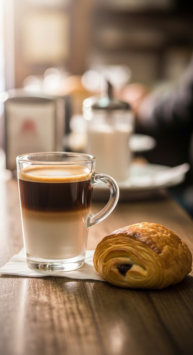 a cafe con leche and pastry on a Spanish cafe counter
