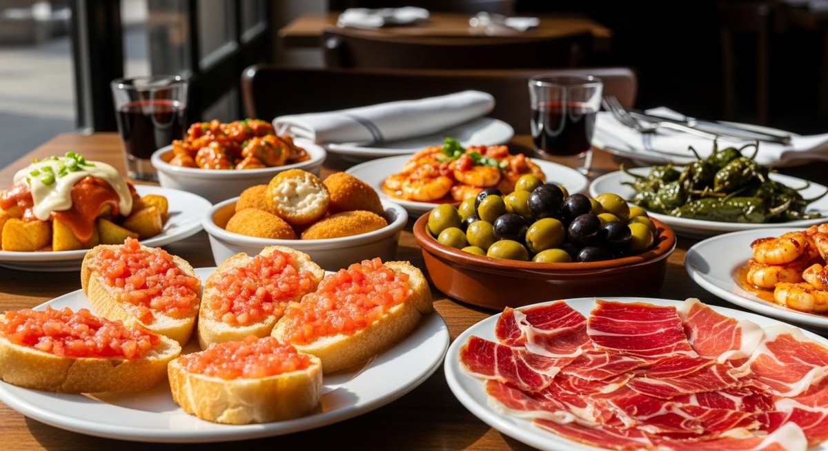 a spread of Spanish tapas on a restaurant table in Barcelona