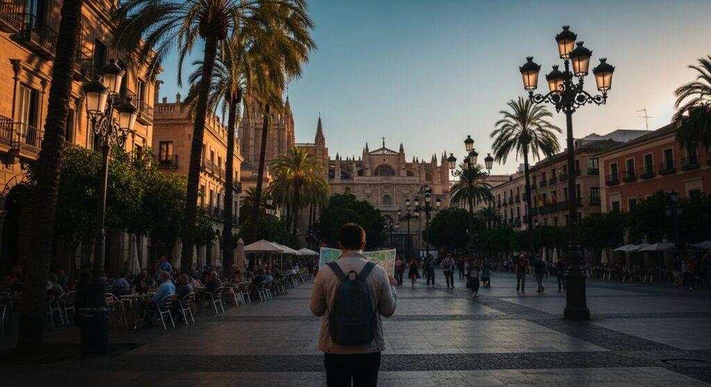 a traveller looking at a map in a Spanish city plaza in Barcelona