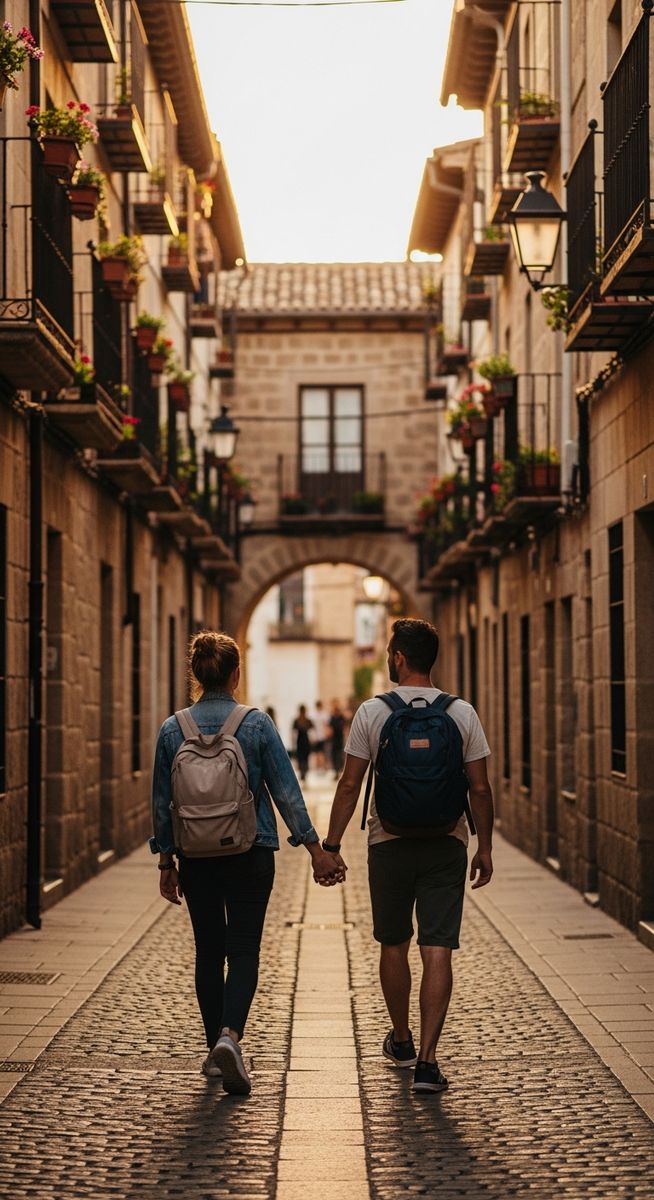 a couple walking through an old-town Spanish street with backpacks in Barcelona