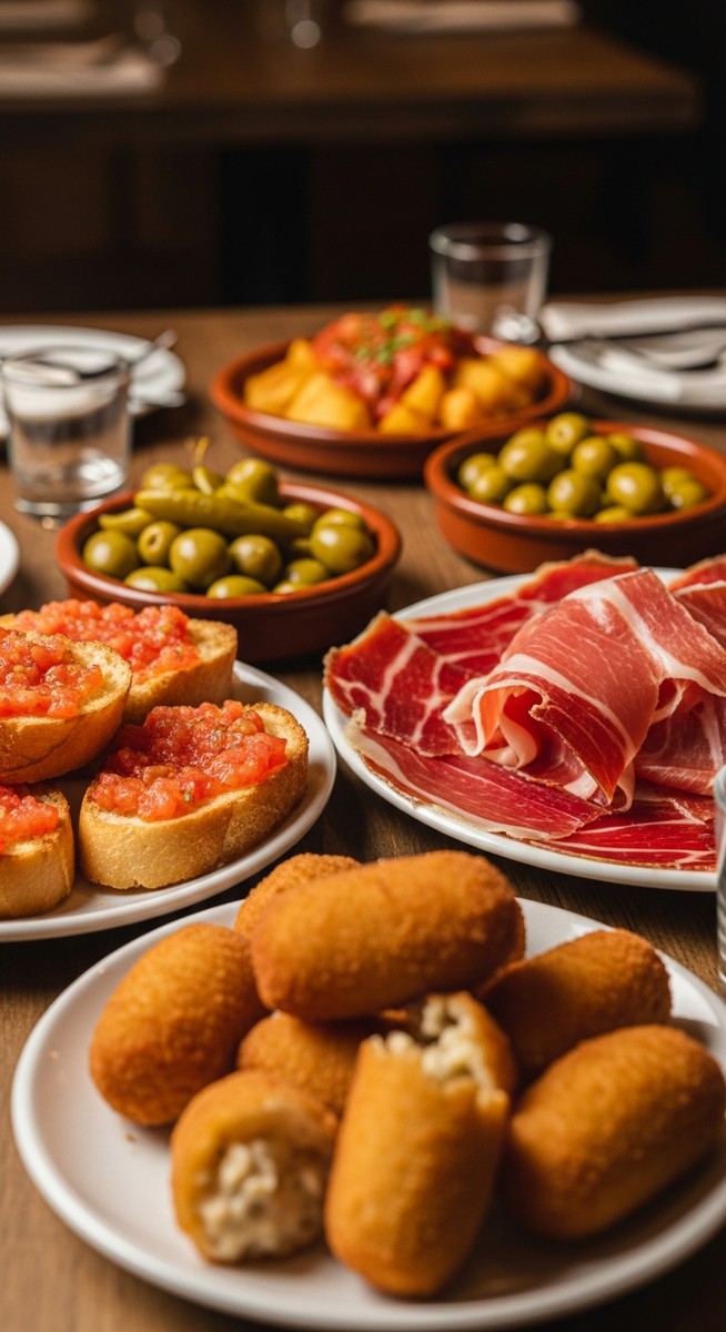a Spanish tapas spread on a restaurant table in Barcelona