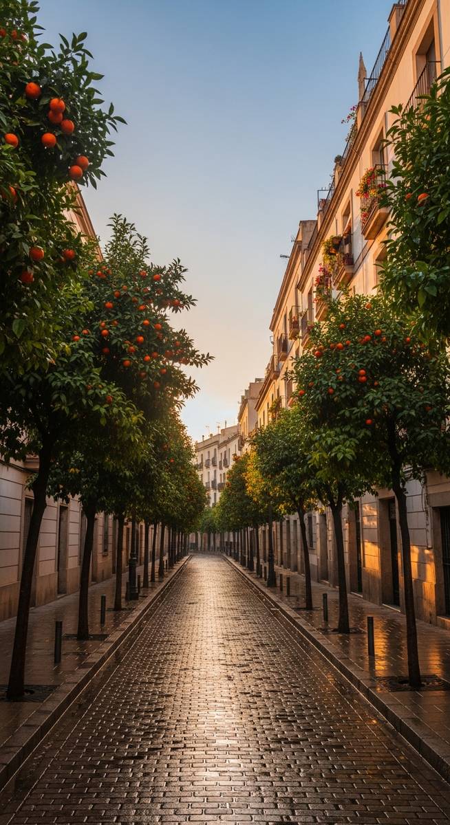 an orange tree-lined street in Barcelona