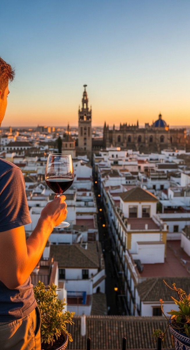 a traveller on a rooftop terrace in Spain at sunset in Barcelona