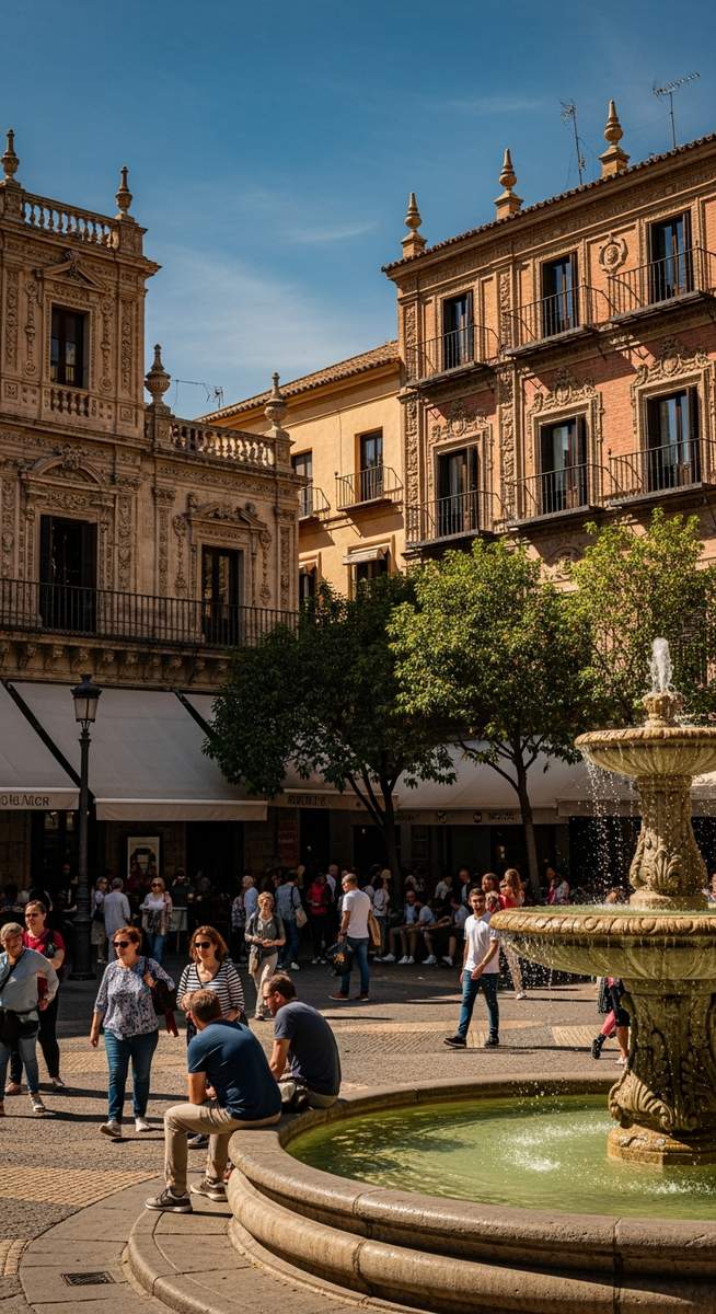 a Spanish plaza at midday with ornate architecture