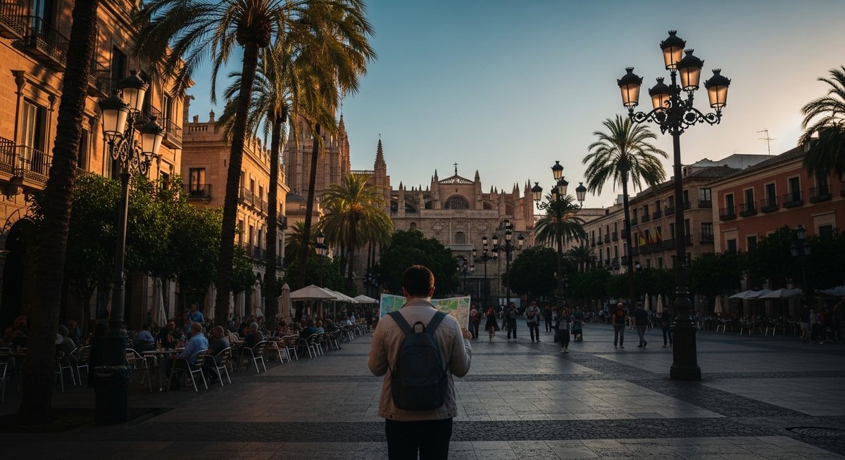 a traveller looking at a map in a Spanish city plaza in Barcelona