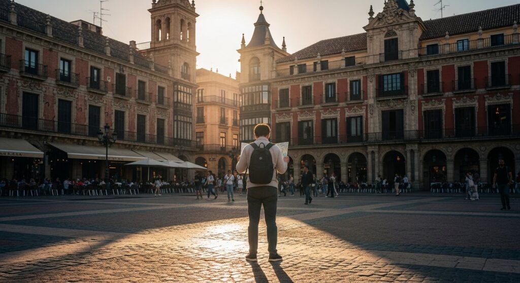 a traveller looking at a map in a Spanish city plaza in Valencia