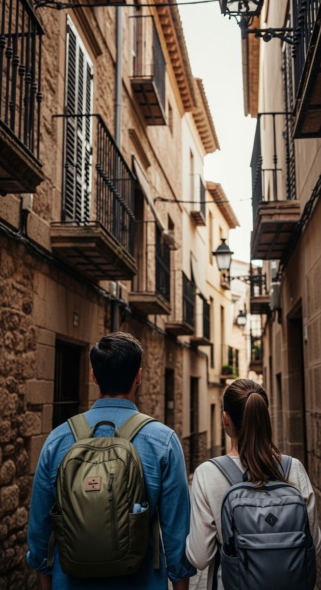 a couple walking through an old-town Spanish street with backpacks in Valencia