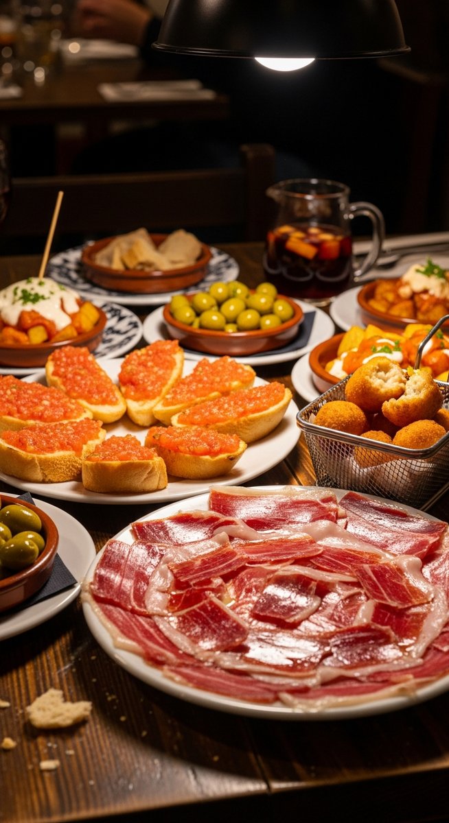 a Spanish tapas spread on a restaurant table in Valencia