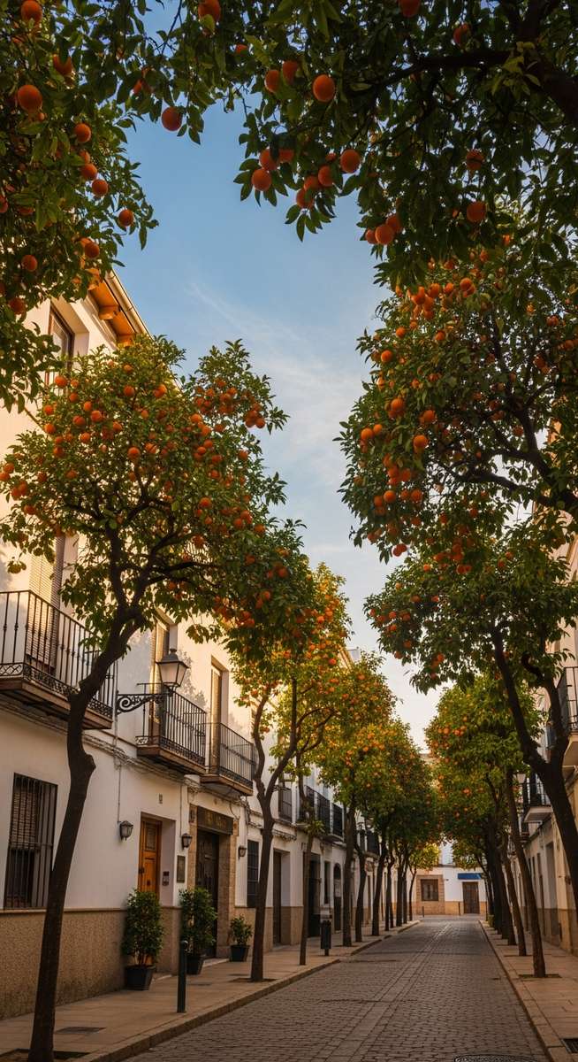 an orange tree-lined street in Valencia