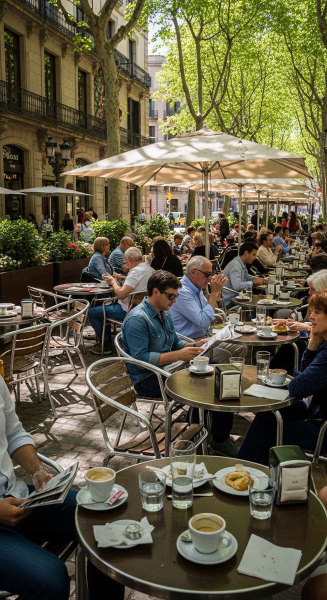 an outdoor cafe terrace in Barcelona in