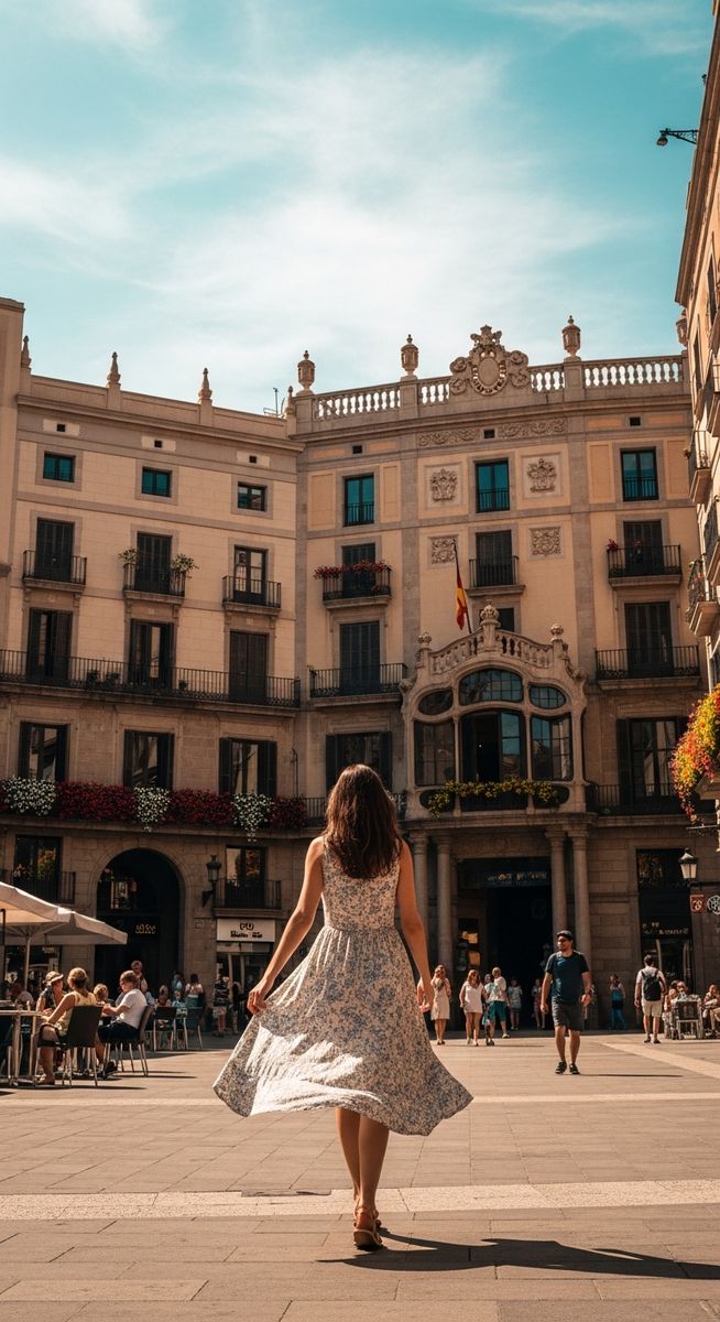 a woman in a summer dress walking through a Barcelona plaza in