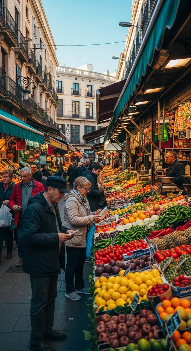 a bustling market in Barcelona in