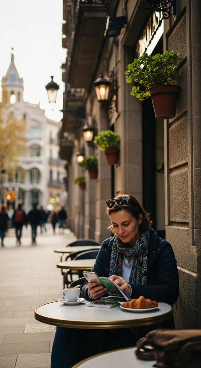 a person at an outdoor cafe in Barcelona with a guidebook