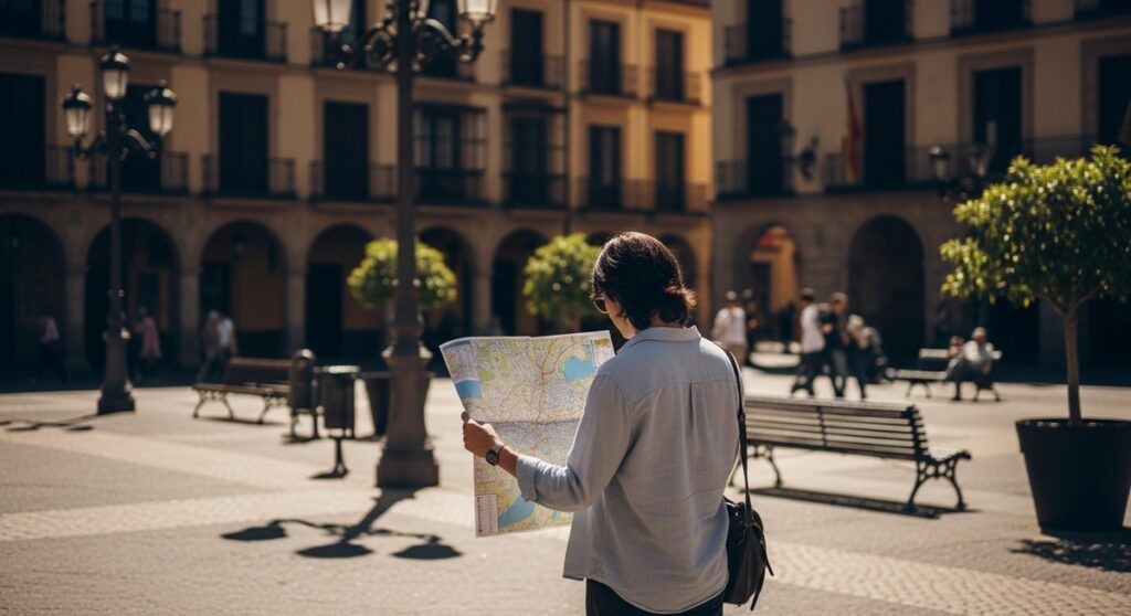 a traveller looking at a map in a sunny Spanish plaza for solo travellers