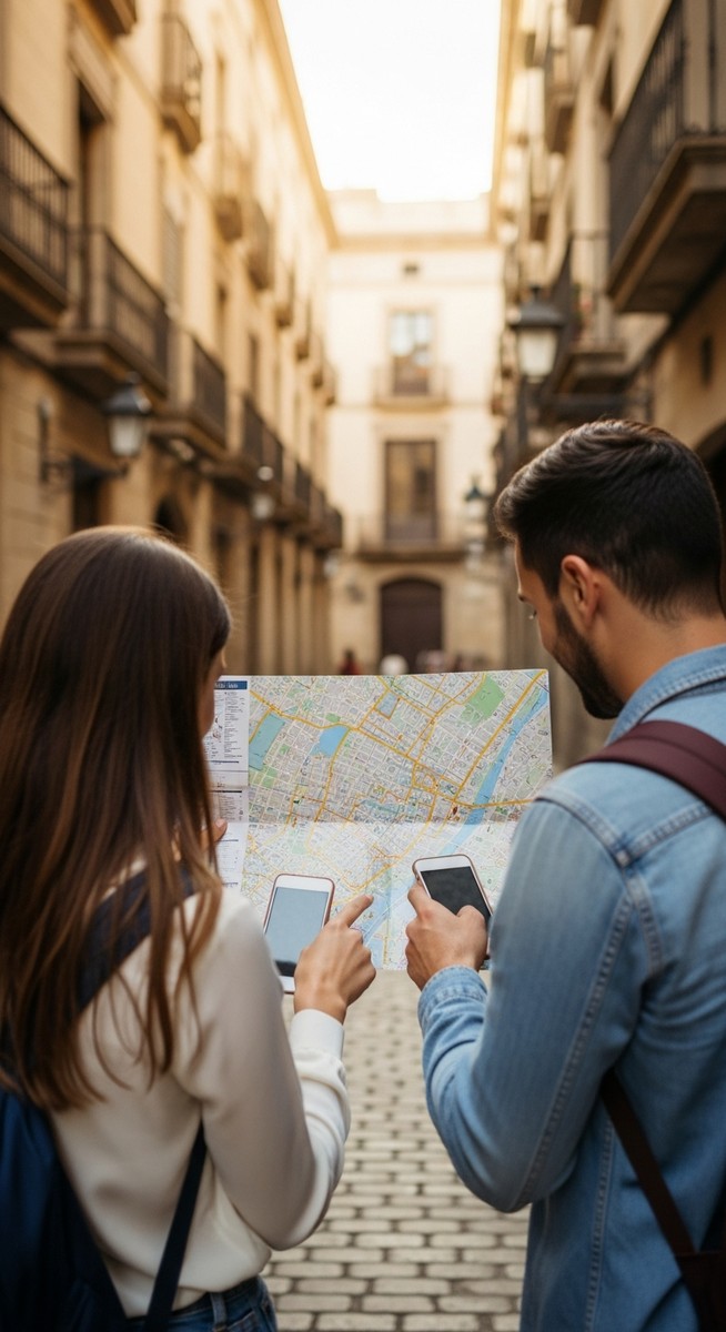 a couple looking at a map together in Barcelona