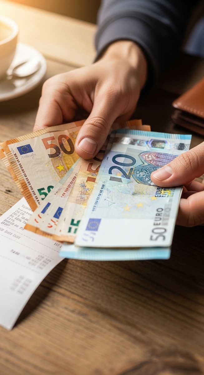 hands holding euro notes next to a cafe receipt for solo travellers