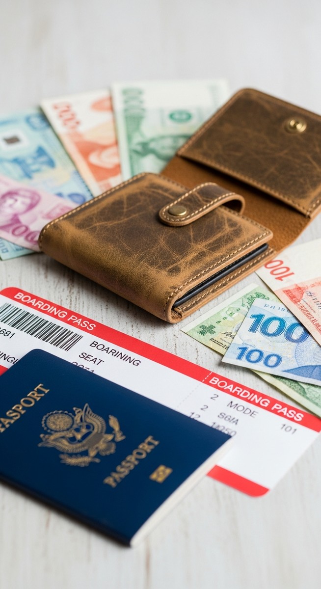 a travel wallet, passport and boarding pass flatlay