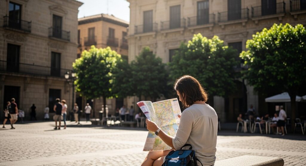 a traveller looking at a map in a sunny Spanish plaza for solo travellers