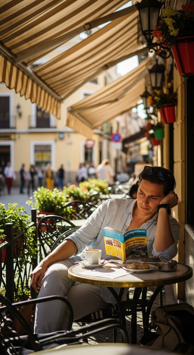 a person at an outdoor cafe in Spain with a guidebook