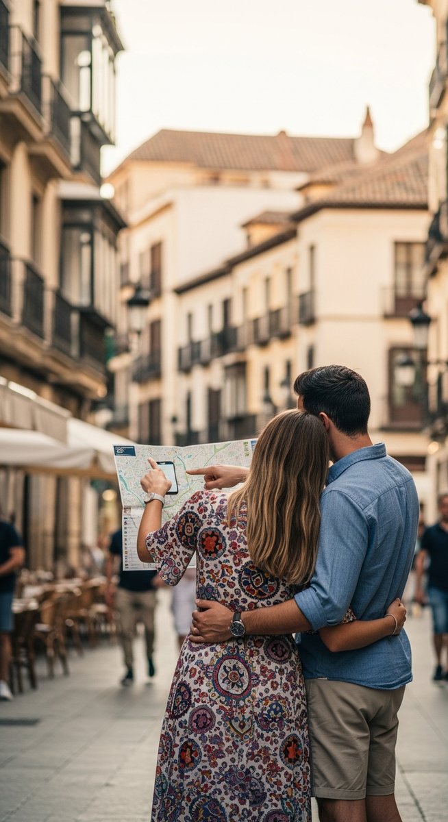 a couple looking at a map together in Spain
