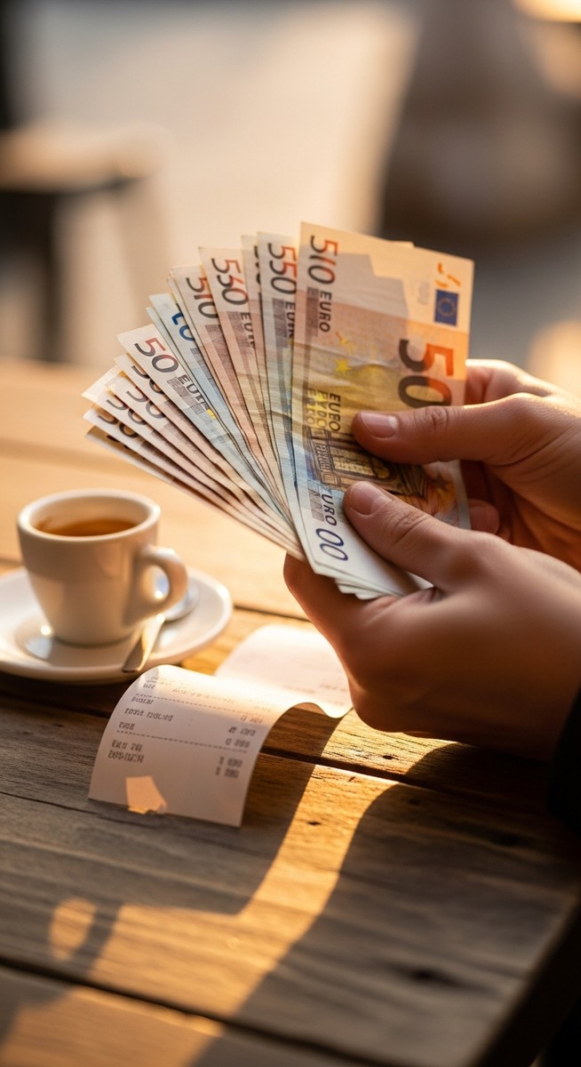 hands holding euro notes next to a cafe receipt as a travel tip