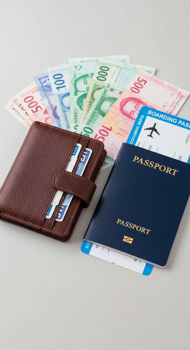 a travel wallet, passport and boarding pass flatlay