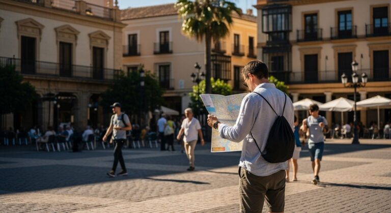 a traveller looking at a map in a sunny Spanish plaza