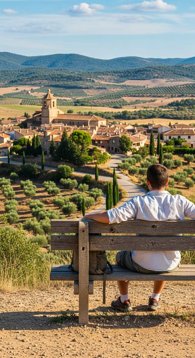 a traveller sitting on a bench in Spain