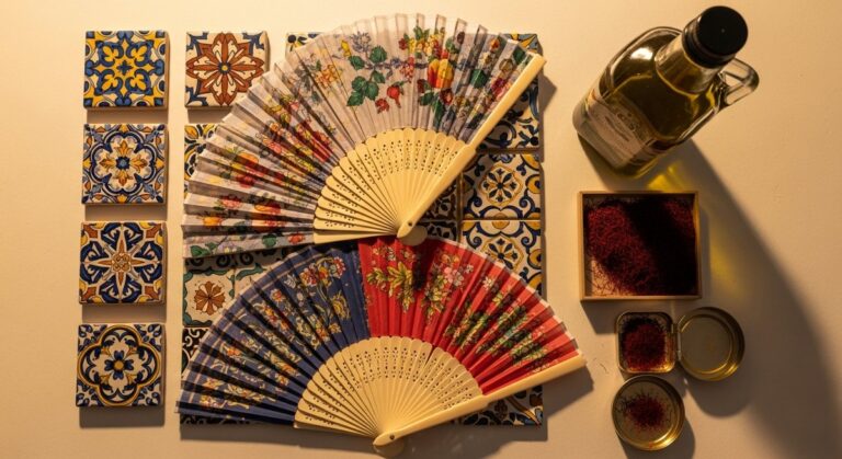 a flatlay of Spanish travel gifts and souvenirs showcasing Spanish shoe brands